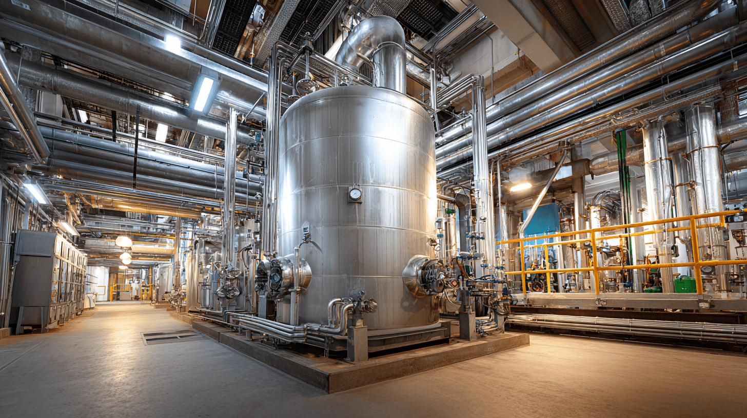 Chemical processing facility with stainless steel vessel, piping, and plant interior infrastructure