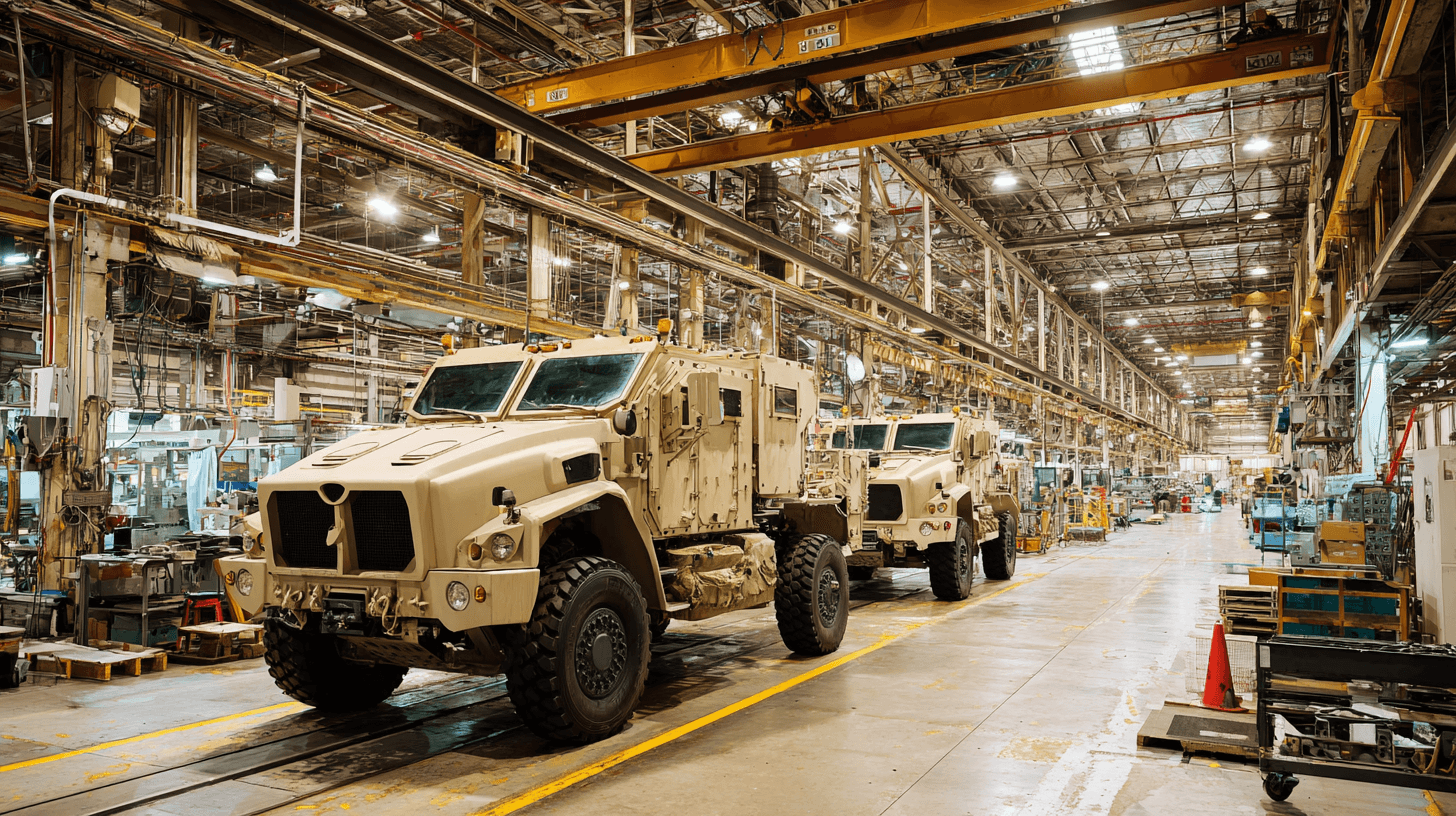 Defense manufacturing facility with armored vehicles in industrial production hall