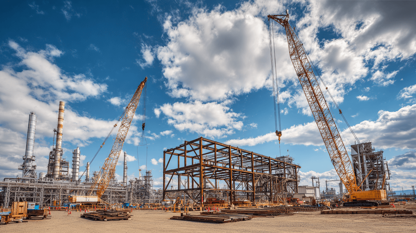 Industrial plant construction site with cranes, structural steel, and process plant infrastructure