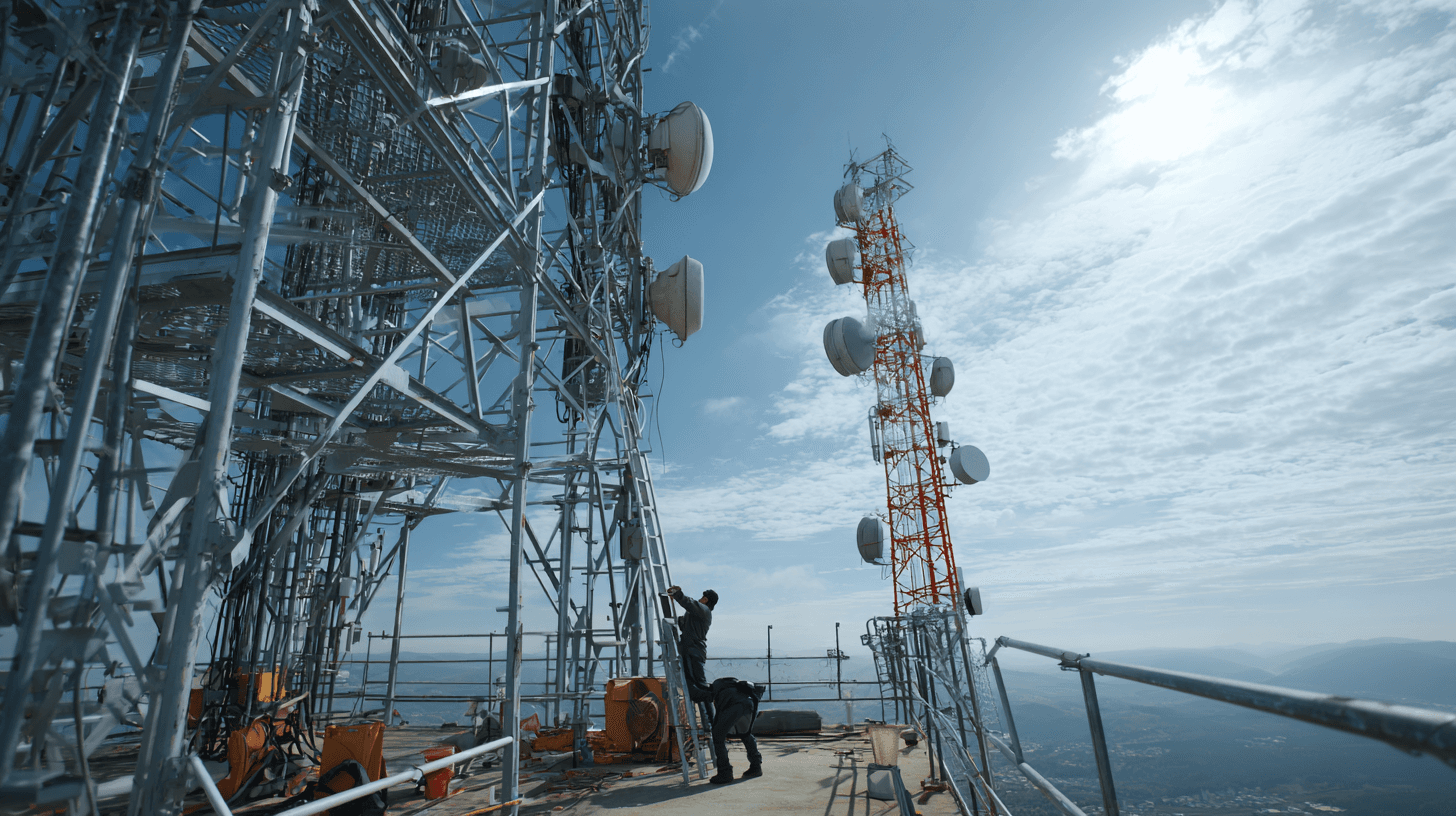 Engineers maintaining critical network infrastructure at height