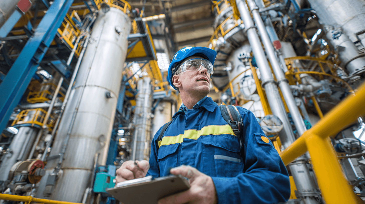 Engineer in industrial plant environment reviewing equipment and process conditions