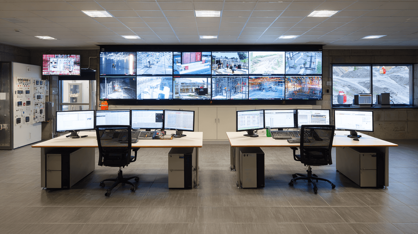 Industrial operations control room with engineering monitoring stations